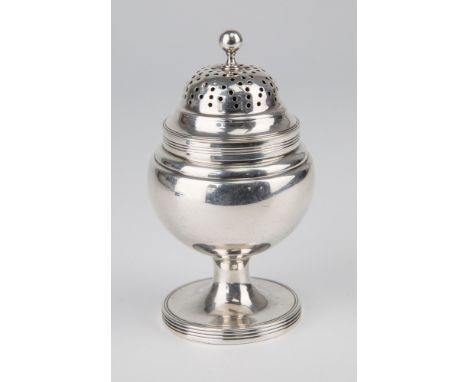 A George III silver sugar caster, William Bateman I, London 1816, of unusual globular form, raised on pedestal foot, central 