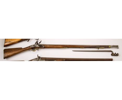 A military flintlock musket engraved Limbery, Birmingham proof marks, 20 bore, full stock with ring twist and turn bayonet, s