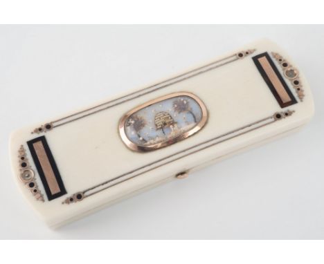 An ivory toothpick case of oblong form, inlaid with rose gold and tortoiseshell decoration, the central oval reserve scene wi