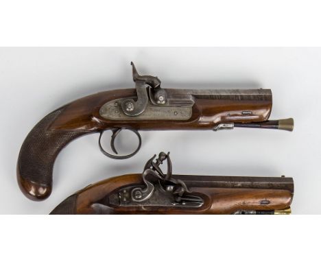 English percussion overcoat pistol by Parker Field and son, single .50 calibre damascus engraved barrel, walnut chequered sto