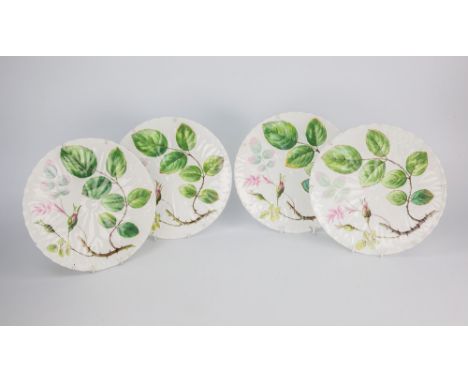 Four Moore Bros. botanical plates in Hans Sloane style, with raised vein striations, on plate hangers, 9in. (22.8cm) diameter