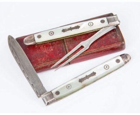 A silver travelling knife and fork set, early 19th century, twin tined fork with chased decoration, knife decorated to spine,