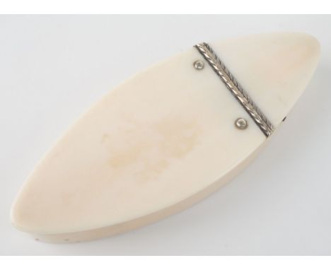 An ivory snuff box, Victorian, of navette form with three quarter length silver hinged lid, 3.½in. (8.8cm.).