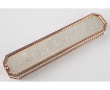 A Palais Royal toothpick box, mother of pearl with gold edges to upper and lower circumferences, push button then slide relea