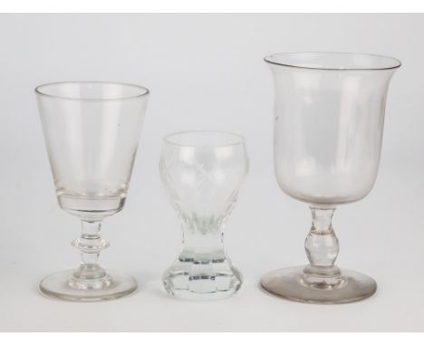 A Georgian wine glass, deep bucket bowl on short bladed knop stem, 4.5in. (11.4cm.) high; together with a Victorian wine glas