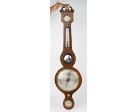 Regency inlaid mahogany wheel barometer, by H. Cattaneo, York, swan neck pediment, separated hygrometer, alcohol thermometer 