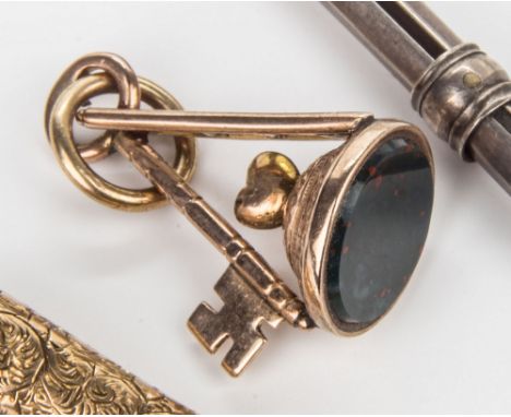 Masonic interest, gold fob seal with Jacobs ladder, key and heart symbols on domed base the underside with inset bloodstone, 
