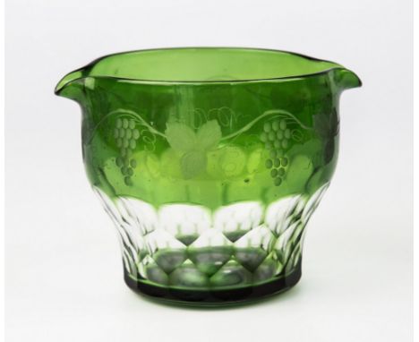 A Georgian green glass rinser, squat ovoid form with tapering faceted lower section, trailing vine and fruit etching, twin op