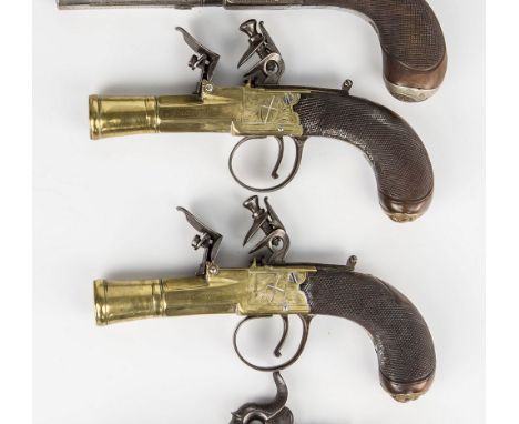 A pair of flintlock blunderbuss pistols, by Jackson of Nottingham, brass barrels with octagonal breach in to one piece cheque