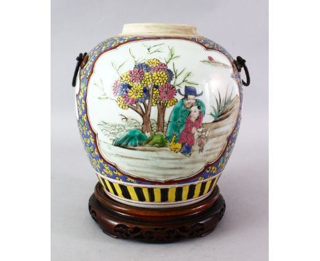 A 19TH CENTURY CHINESE FAMILLE ROSE PORCELAIN GINGER JAR &amp; STAND, the body of the vase decorated with panels depicting fi