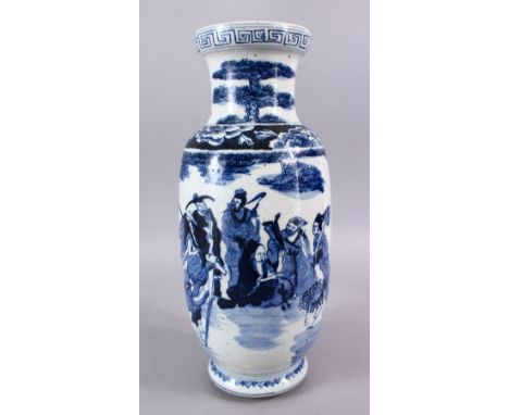 AN 18TH / 19TH CENTURY CHINESE BLUE &amp; WHITE PORCELAIN VASE, decorated with scenes of seated immortal figures in a landsca