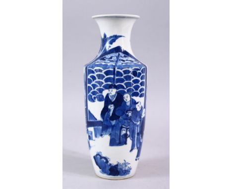 A 19TH CENTURY CHINESE BLUE &amp; WHITE PORCELAIN VASE, decorated with figures in a Kangxi style decor, the base with a kangx