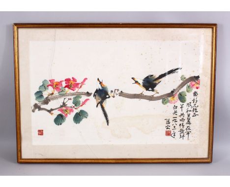 A 20TH CENTURY CHINESE PAINTING OF BIRDS AND FLORA, framed, with calligraphy and seals, framed 86cm x 60cm