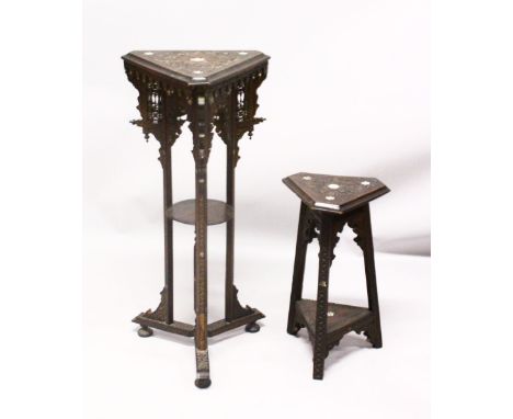TWO 19TH CENTURY ISLAMIC INLAID TABLES, both with mother of pearl inlays and carved foliate design, the larger; 99cm &amp; 58