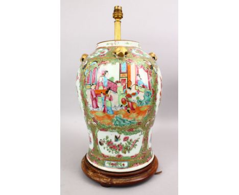 A LARGE 19TH CENTURY CHINESE CANTON FAMILLE ROSE PORCELAIN TEMPLE JAR / VASE, the body with panel decoration depicting figure