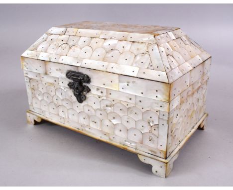 A GOOD INDIAN GOA MOTHER OF PEARL PINNED CASKET, the  box with pinned carved bother of pearl decoration, with metal mounted c