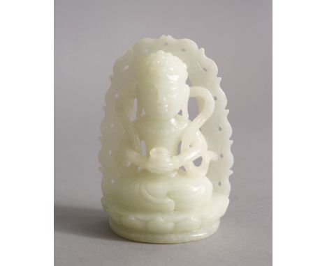 A GOOD CHINESE CARVED WHITE JADE FIGURE OF BUDDHA / DEITY, seated holding a cup, 8cm