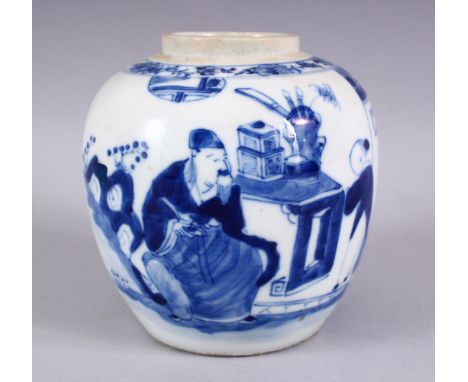 A CHINESE BLUE &amp; WHITE KANGXI STYLE  PORCELAIN GINGER JAR, decorated with scenes of figures in garden settings, 14cm.