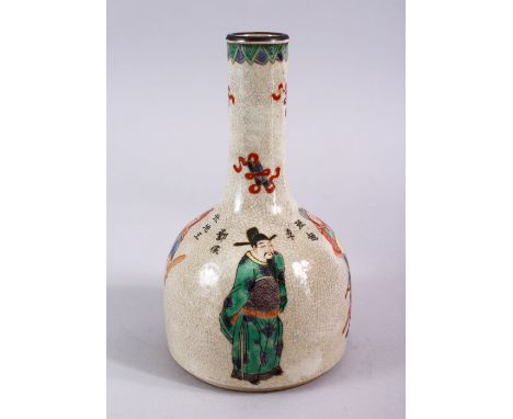 A CHINESE FAMILLE VERTE CRACKLE GLAZED PORCELAIN BOTTLE VASE, the decoration in kangxi style depicting immortal figures, with