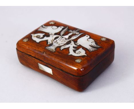 A 19TH CENTURY BETHLEHEM OLIVEWOOD BOX, inlaid with mother of pearl decoration, 9cm wide.