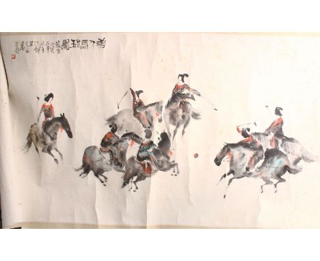 A GOOD 19TH / 20TH CENTURY CHINESE IMPRESSIONIST PAINTING OF A GAME OF POLO, the picture depicting a game of polo Chinese cal