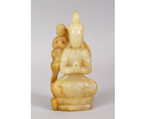 A GOOD CHINESE CARVED JADE FIGURE OF A BUDDHA WITH CHILD, 13cm high.