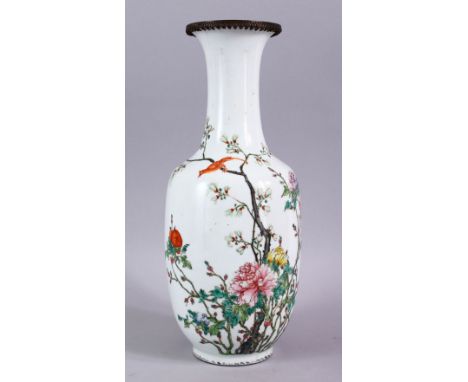 A CHINESE REPUBLIC FAMILLE ROSE PORCELAIN VASE, decorated with scenes of birds amongst native flora with peach decoration, on