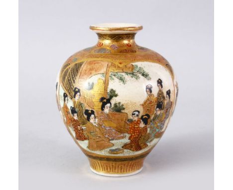 A JAPANESE MEIJI PERIOD SATSUMA GLOBULAR VASE, the body with multi panel decoration depicting samurai and women in landscapes