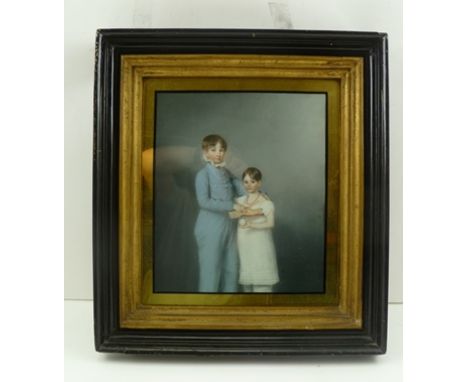 19TH CENTURY EUROPEAN SCHOOL "Portrait of two children", one with a ball. Pastel drawing, 25cm x 21cm, in verre eglomise glaz