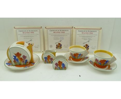 A WEDGWOOD BIZARRE CLARICE CLIFF CROCUS PATTERN "TEA FOR TWO" SET, with certificates in original boxes, comprising tea pot, i