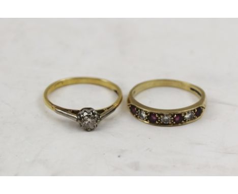 A RUBY AND DIAMOND HALF ETERNITY RING, 9ct gold, size Q and half, together with a SOLITAIRE DIAMOND RING, size S (2) 