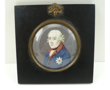 A 19TH CENTURY MINIATURE PORTRAIT PAINTING, "Frederick the Great", circular mounted 7.5cm diameter, within an ebonised frame,