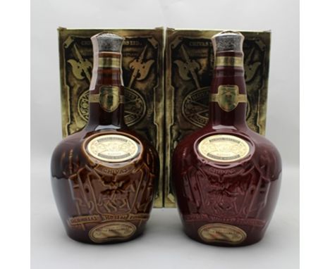 TWO FLASKS OF CHIVAS BROTHERS "ROYAL SALUTE" 21 year old blended Scotch Whisky, in ceramic flask and velvet bag, boxed (2) 