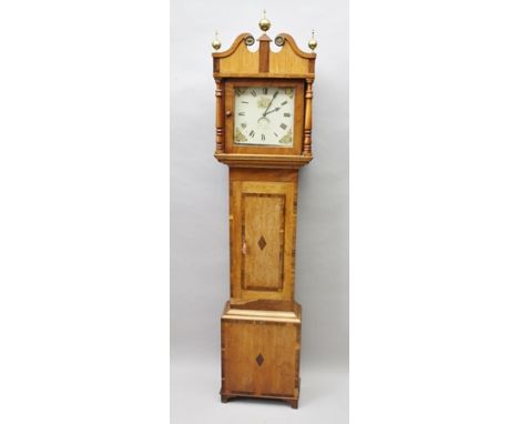 A 19TH CENTURY OAK AND ROSEWOOD BANDED LONGCASE CLOCK having architectural swan neck pediment over turned pilaster supports, 