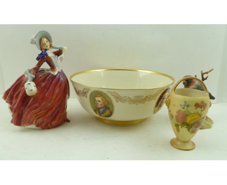 A ROYAL DOULTON BONE CHINA FIGURINE "Autumn Breezes", HN1934, 20cm high, together with a WORCESTER VASE of basket form, blush