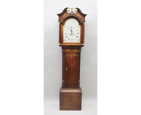 A 19TH CENTURY OAK FINISHED LONGCASE CLOCK with swan neck pediment with pilaster sides, having painted dial with subsidiary s