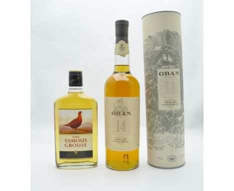 OBAN 14 year old West Highland Single Malt Scotch Whisky, 43% volume, 1 bottle in tube THE FAMOUS GROUSE Scotch Whisky 40% vo