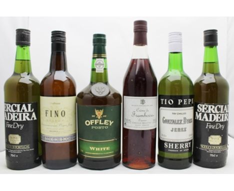 SIX BOTTLES OF PORT SHERRY MADEIRA &amp; LIQUEUR comprising; Sercial Madeira Wine Society 1980's x 2 bottles Tio Pepe Fino Sh