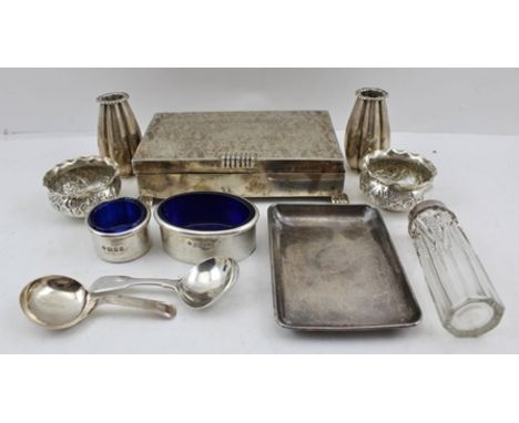 A COLLECTION OF HALLMARKED MISCELLANEOUS ITEMS including; a small tray, a pair of lobed bud vases, pair of salts, two caddy s