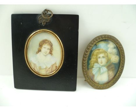 A 19TH CENTURY OVAL PORTRAIT MINIATURE PAINTING, a young woman wearing a feather and blue ribbon trimmed bonnet, 8cm x 6cm in