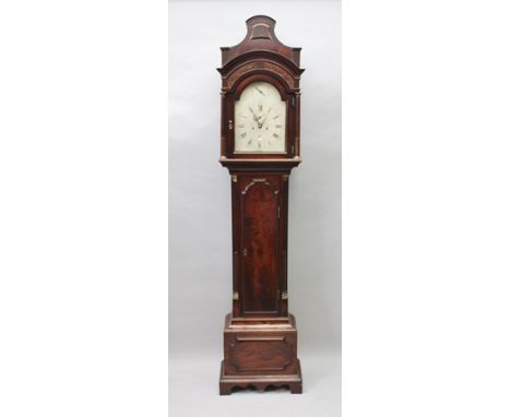 A POSSIBLY LATE 18TH CENTURY MAHOGANY LONGCASE CLOCK having architectural pediment with blind fret carved frieze, having reed