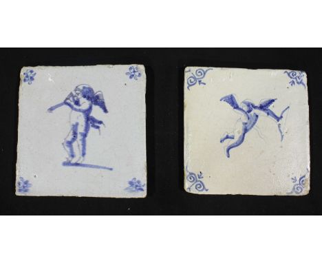 Two 17th Century Dutch Delft ceramic tiles, each variously decorated in blue and white with Cupid, 13cm wide