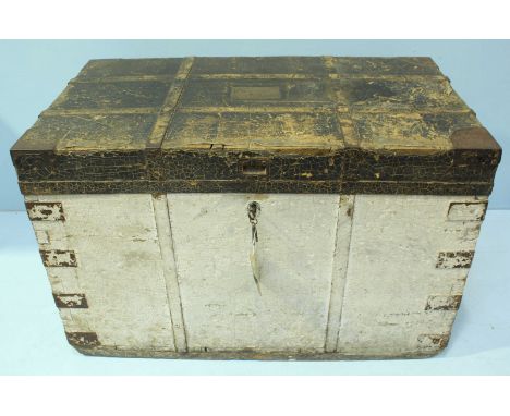 A large metal bound, wooden Naval officers trunk, the hinged top opening to reveal a fully fitted interior, each side with wr