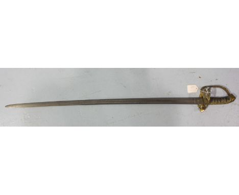 A Victorian officer's sword, with 83cm single-edged fullered blade etched with Arabesques and royal crown, pierced knuckle gu