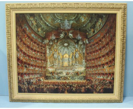 Giovanni Paolo Panini (1691-1765) 'The Opera House' print on board, in ornately carved frame. 95 x 118cm.
