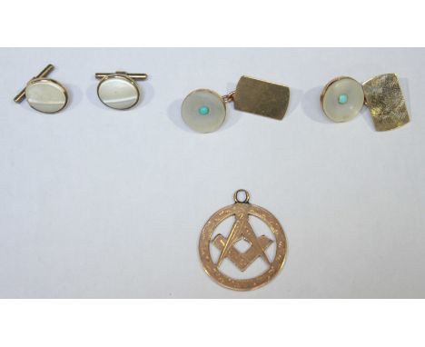 A pair of 9ct gold, mother-of-pearl cufflinks, together with another pair of 9ct gold cufflinks and 9ct gold Freemason's pend