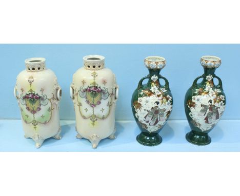 A pair of 20th century Japanese ceramic baluster vases, decorated with green ground and a lady dancing white enamel flowers, 