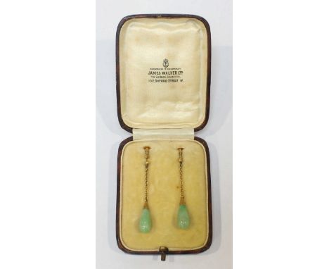 A pair of 9ct gold jade drop earrings.