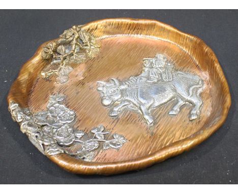 A Gorham & Co American Aesthetic movement patinated copper and silver tray, stamped to back Y590 and Christmas 1882, scene de