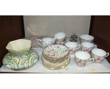 Section 9; A Royal Crown Pottery 6 piece tea set, together with a Phoenix pottery Art Deco style vase and Two Worcester egg c